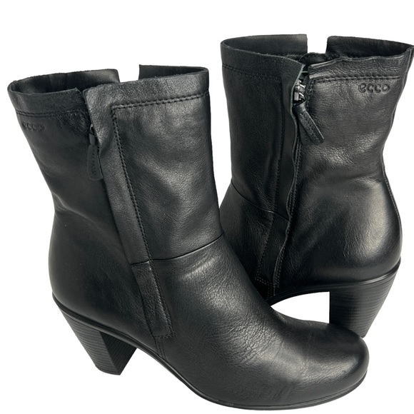 Ecco Black Double Zip Round Toe Mid Calf Leather Boots Size 40 EU / 9 -9.5 US - Picture 4 of 14